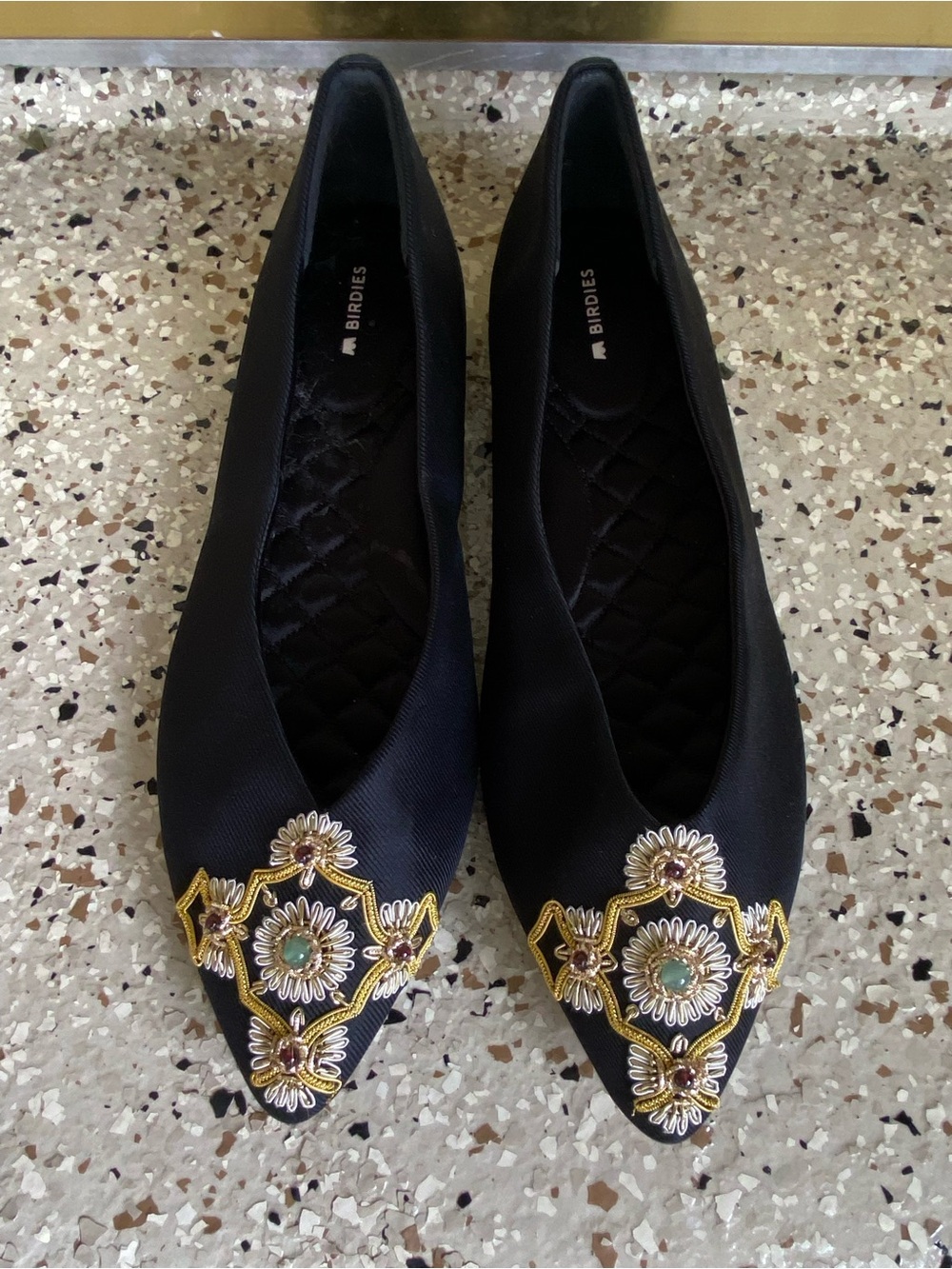 Birdies The Goldfinch Silk Black Jeweled Embellished Ballet Flats 10.5 Ret $190